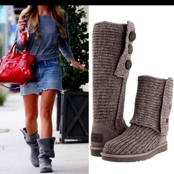 💥HOT ITEM💥UGG Cardy Sheepskin Wool Treadlite Slouch Button Boot in Grey
